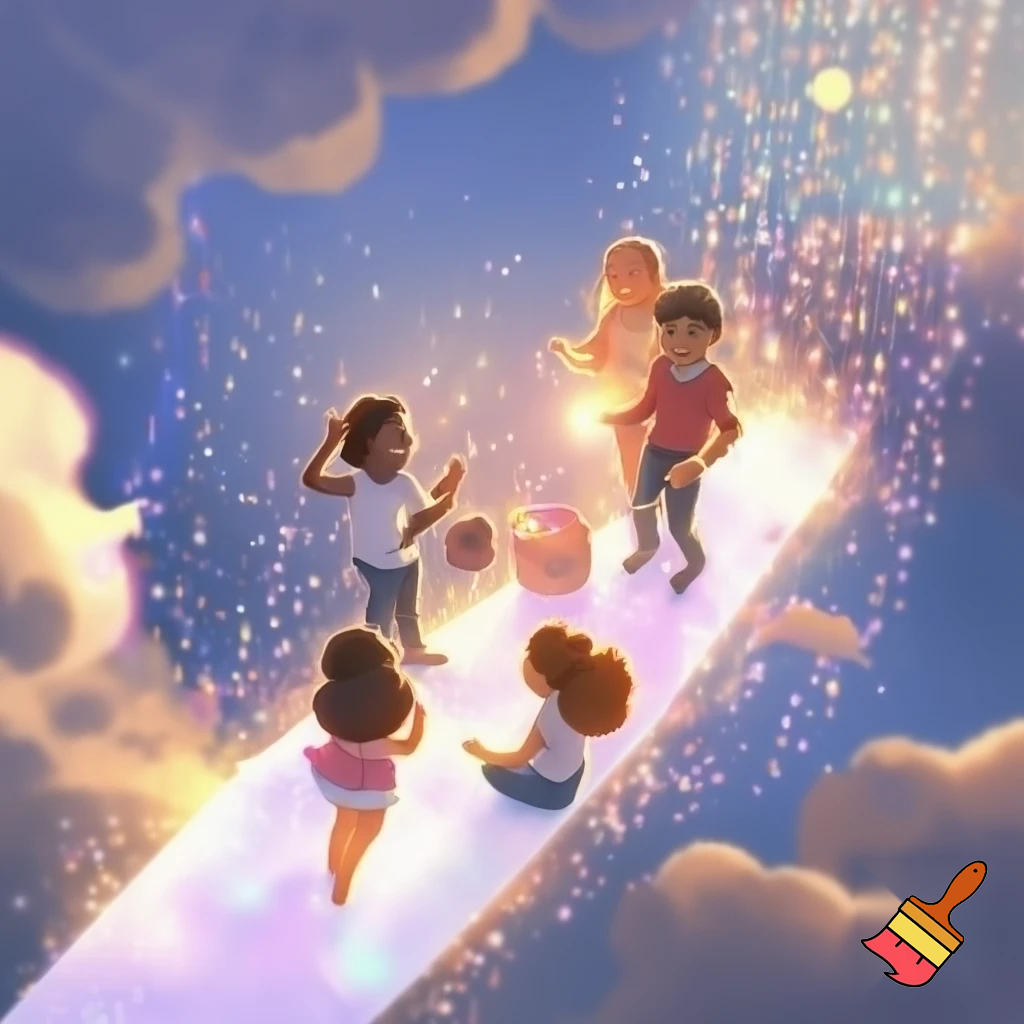 reuniting with friends on glowing floating pathway, laughter represented as colorful sparkles, warm magical sunlight, dreamy happiness”
