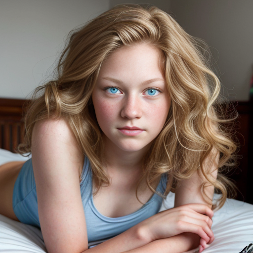 teen ,, , lifelike, portrait, highly detailed, , sharp focus, illustration, art by kittichai  and james gurney and alphonse mucha, ,  with curly blond hair and vibrant blue eyes, photorealistic, at her room, laying