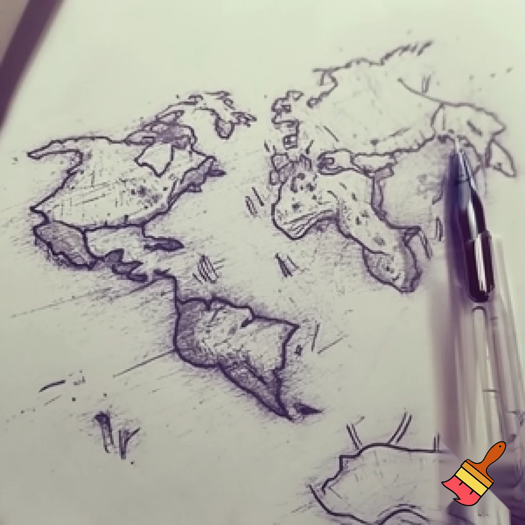 very simple hand drawn pencil sketch,
rough draft map for painting,
no color, no text,
looks like a student sketch,
simple outlines only
