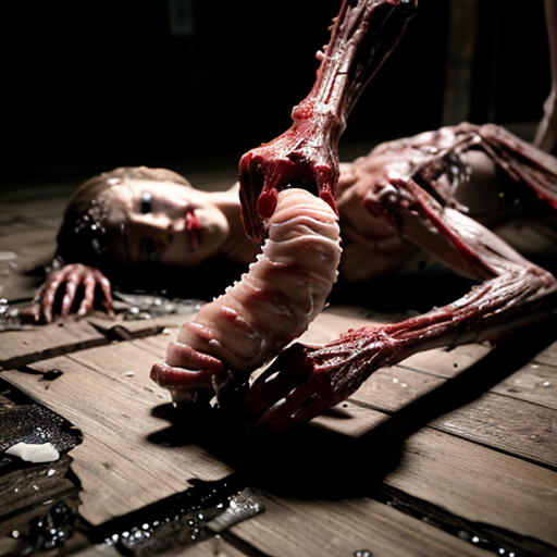 "Ultra-realistic cinematic still from Lucio Fulci's 1980 horror film City of the Living Dead, a horribly decayed and mutilated human corpse lying on a filthy wooden floor in a dark, abandoned building, extreme putrefaction and advanced decomposition, the body is bloated and ruptured with exposed glistening wet viscera, intestines, muscle tissue and sinews spilling out, dark clotted blood and viscous fluids everywhere, slimy translucent maggots and worms crawling over the rotting flesh, skin peeled back in wet strips, one leg partially severed and twisted at an unnatural angle with exposed bone, the corpse is covered in thick shiny slime and dark grime, dramatic low-key horror lighting with harsh shadows, wet reflective surfaces, gritty dirty textures, muddy wooden planks and debris scattered around, extremely detailed gore, photorealistic, hyper-detailed, 35mm film grain, cinematic color grading with desaturated tones and sickly greenish-pink hues, shot on Kodak Vision3, horror movie practical effects style --ar 16:9 --stylize 250 --v 6"