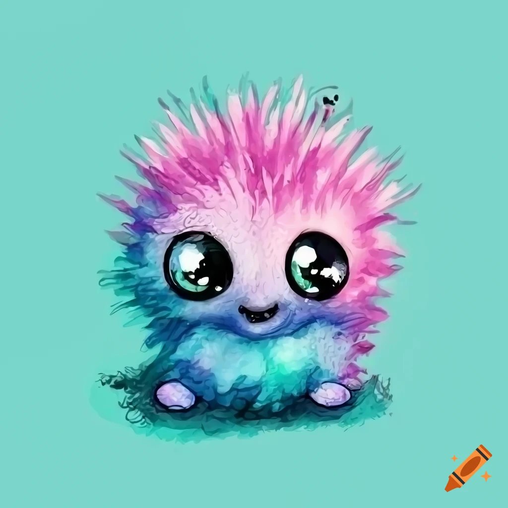 Cute fantasy fluffy baby monster, Kawaii eyes, line art colored using watercolor soft touch style, Bright vivid hues, solid white background, 8k, ultra-realistic, high definition