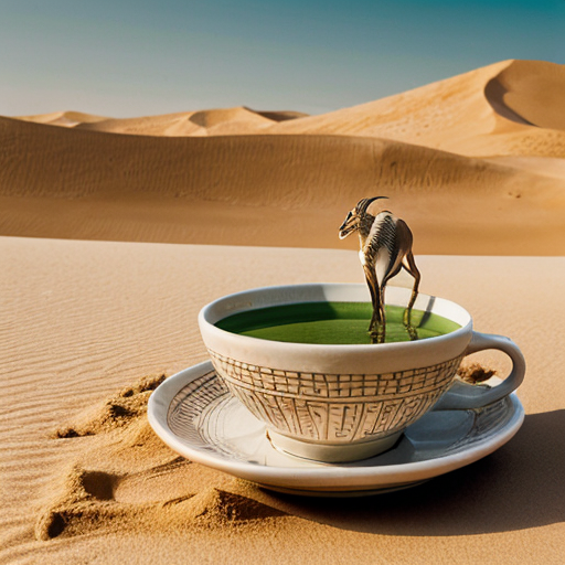 "A graceful gazelle in the golden UAE desert, wearing traditional Emirati clothing (talli) elegantly draped over its body, while sipping a cup of matcha tea. The warm sunlight highlights the intricate patterns of the talli and the textures of the sand dunes. Style: realistic with whimsical charm, soft warm tones, detailed desert background, blending cultural heritage with playful imagination."
