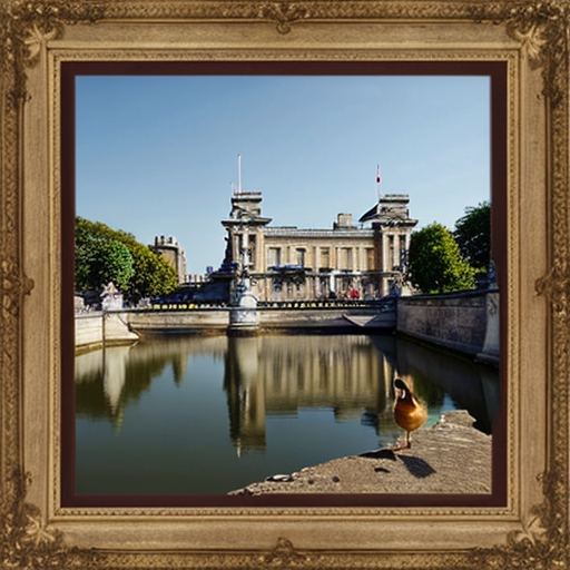 "Duckingham pallace" : buckingham palace with a duck theme, the pallace itself is yellow and rubbery, cartoon-like.