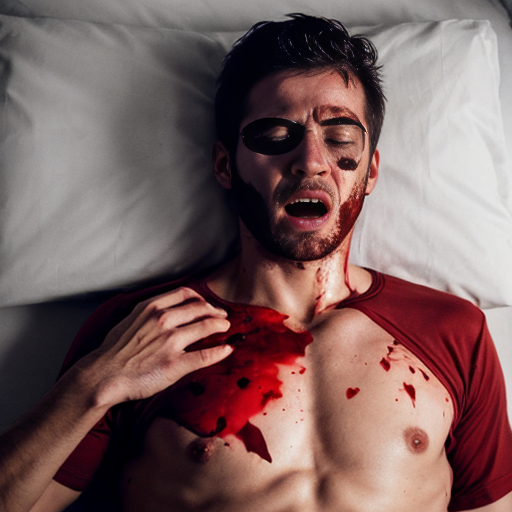 A shirtless man, face are hiding by shirt with cut on eye part, died, chest open wounded, blood everywhere, mouth are bleeding blood, eye closed.