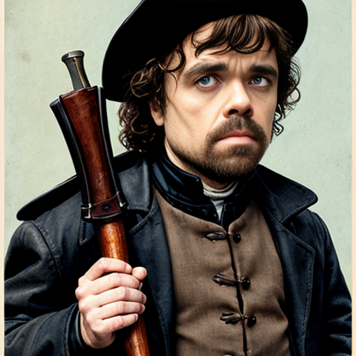 peter dinklage as a disgrunted pilgrim with a blunderbuss and hat with buckle norman rockwell illustration art style 