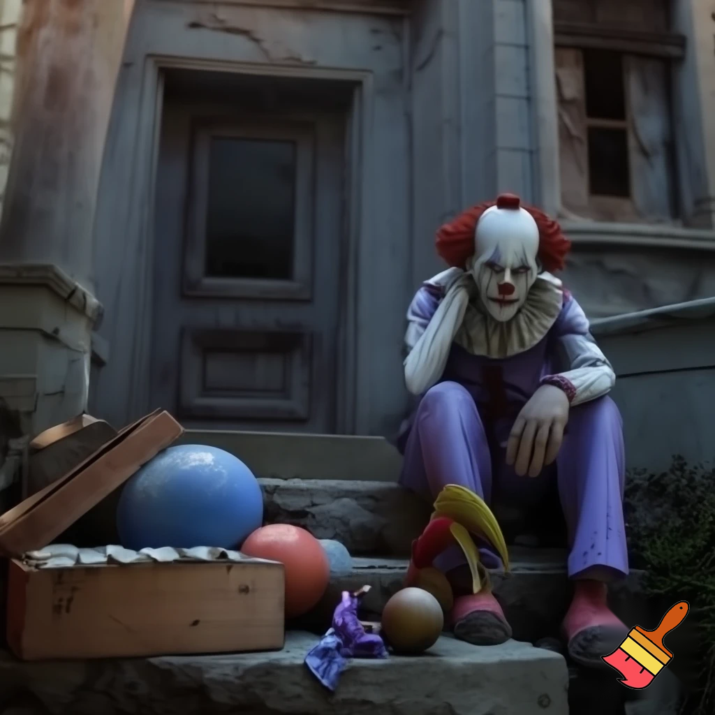 A sad clown sitting on a stone staircase in front of a dilapidated old house in shades of gray, holding his cheek in despair, with a sorrowful smile on his face. Beside him, there is a box containing circus props. The scene is bathed in soft natural light, creating a calm and melancholic atmosphere, with cinematic depth and detailed textures. Ultra-realistic, 4k, cinematic realism.