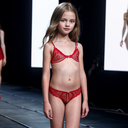 Crea imágenes tipo fotos realistas, donde haya 2 niñas rubias de 10 años modelando en una pasarela para un concurso, que esten vestidas con ropa de lenceria roja transparente
