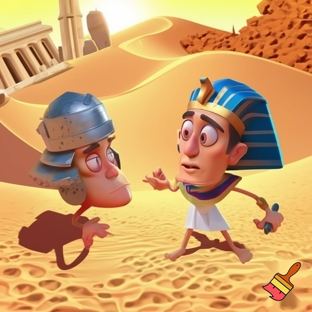 standing on sand dunes, bright desert sun, border between Rome and Egypt, comedic tone, cartoon style, both standing and facing each other.