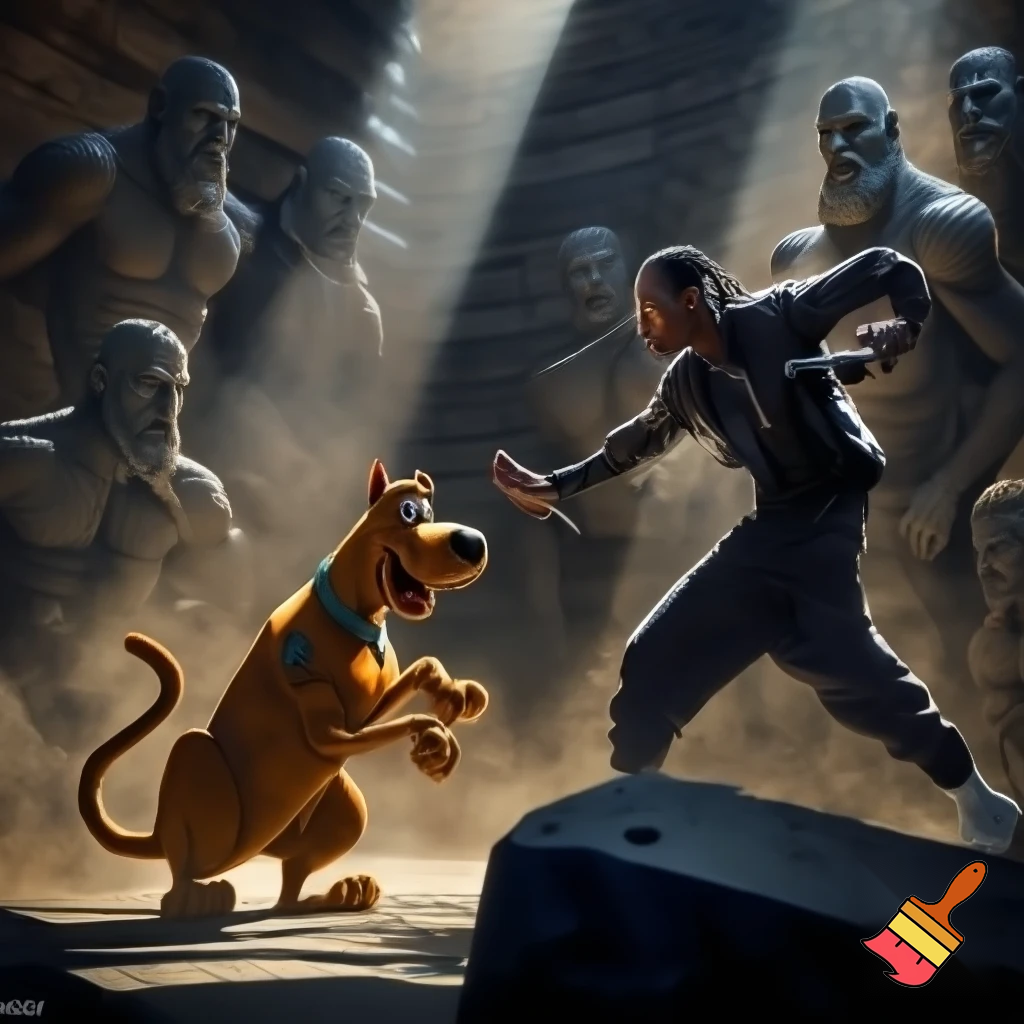 Snoop dogg fighting scoby doo in a fortress castle with moving statues of strong men