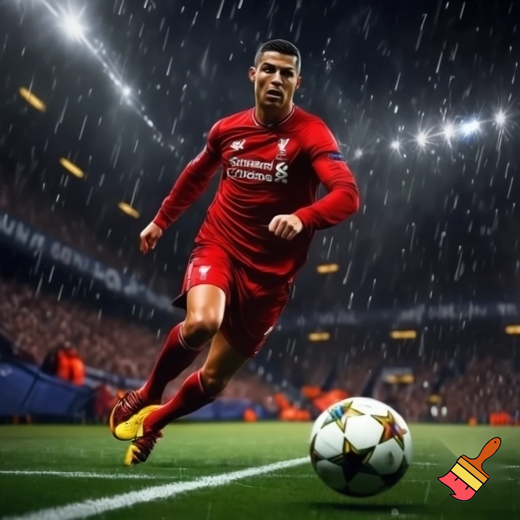 Ronaldo playing for Liverpool kicking a ball in the champions league against Everton