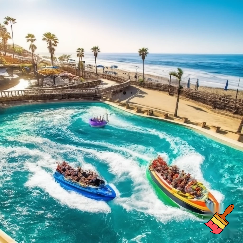 Create a realistic water boat theme park ride inspired in beachy Malibu with a fun vibe. Add path