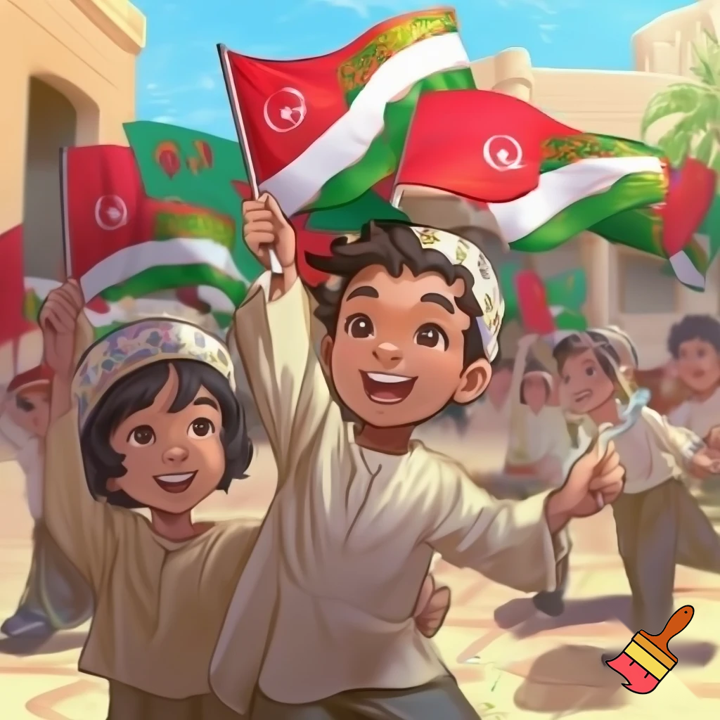 طلبة مدرسة صغار يحتفلون باليوم الوطني العماني يلوحون بالعلم في المدرسة

