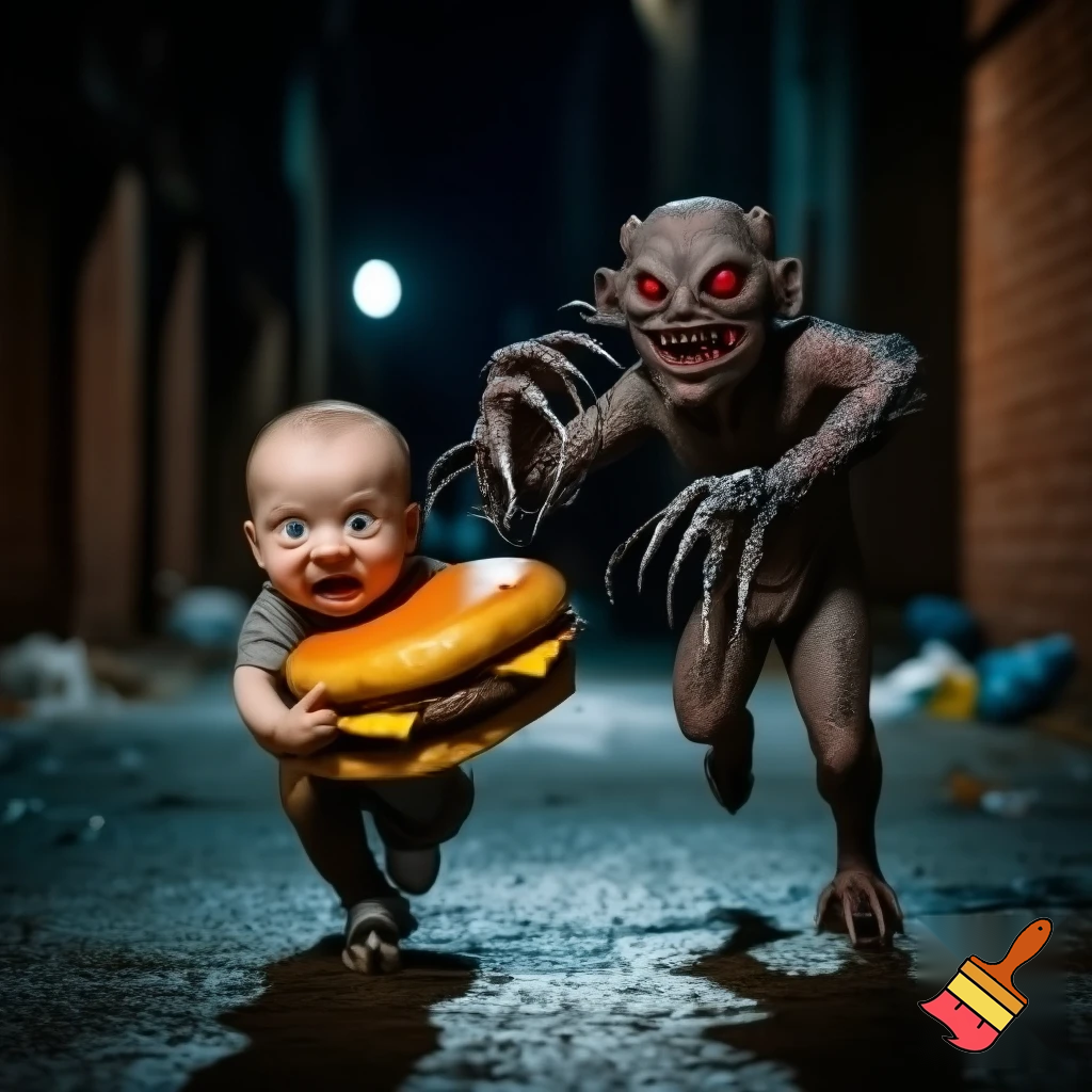 use a small chap eating a massive burger while getting chased by a terrifying monster