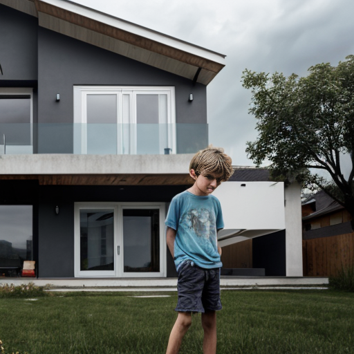 storm boy next to a modern house