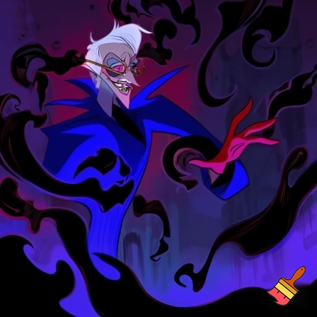 A tall, lean pale man with a similar build to Alastor with white hair, distinctive round brass glasses he has a stern look on his face. his face In cartoonish art style of hazbin 
hotel wearing his signature blue overcoat with black sinister smoke curling around him his hand reaching out, producing the black sinister smoke