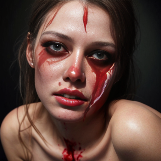 creepy woman with blood on right side of face