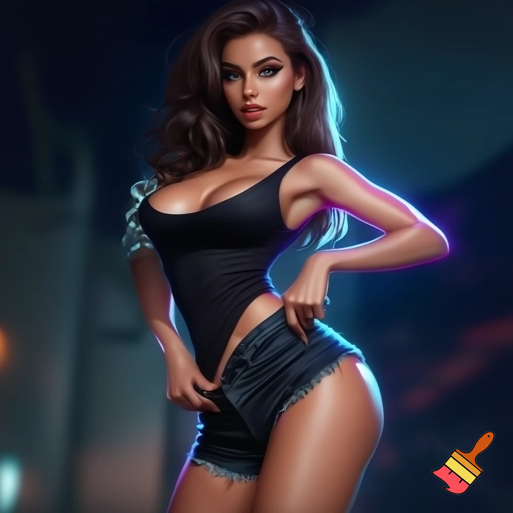 girl 20 years old so cool and cute is dressing a low cut dress and very revaluing and cool short black jeans is standing make is so realistic is doing an cool pose and the girl is holding her jeans with cool pose