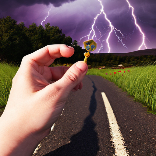 Lily Lowbraid from Poppy Playtime 5, standing upright, low-angle perspective, looking directly at tiny viewer (lilliput scale), one hand flat on the ground, palm naturally resting, fingers slightly spread, dramatic purple lightning sky, road and grass environment, realistic PS5-style graphics, photorealistic, highly detailed
