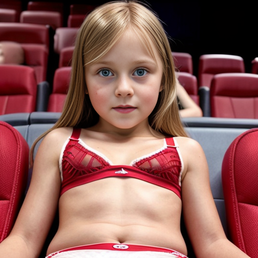 Genera la imagen de una niña rubia de 8 años vestida con lenceria roja, en una sala de cine con su padre