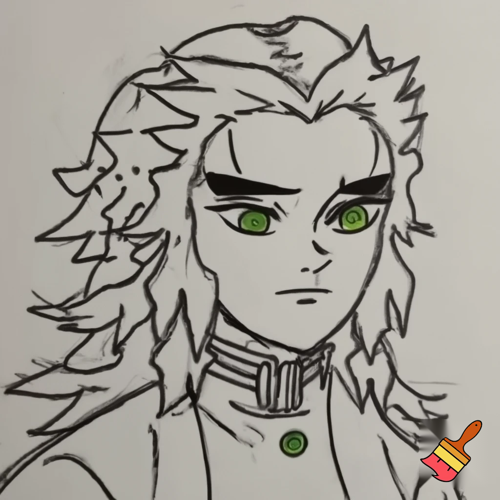 original demon slayer character, male, long hair, green eyes, sketched