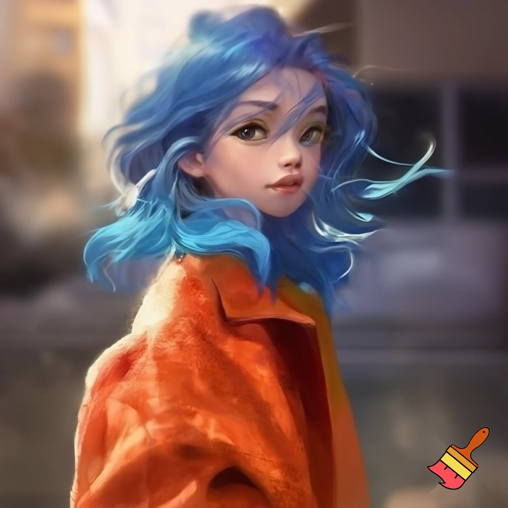 a girl with blue hair and a orenge jacket