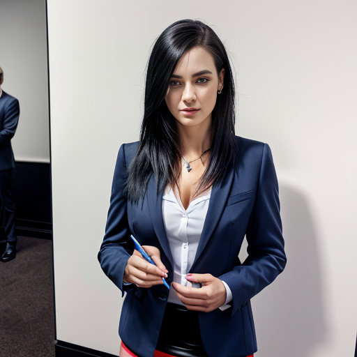 strict, tall lady, black hair, pale skin, black eyes, formal dark-blue miniskirt suit, realistic photo, kindly extending a pen