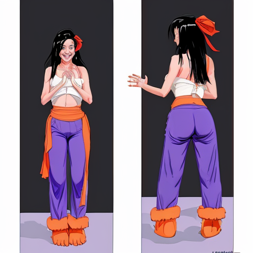 90's disney's 2d aladdin style comic black background and panels of 
(panel 1  black hair Woman barefoot with white harem pants and bra purple vest and orange sash with both hand palms place together and hiding the bottom of her mouth with a red veil wrapped around her arms and shoulders and with both hand palms place together and hiding the bottom of her mouth and swaying her hips left.)
(Panel 2 Then the black hair woman barefoot with white harem pants and bra , purple vest and orange sash with red veil wrapped around her arms and shoulders with both hand palms place together and hiding the bottom of her mouth swaying her hips right .)
(Panel 3 then the black hair woman with white harem pants and bra ,purple vest and orange sash and red curved slippers spreading her arms, happily revealing her face to the viewer and giving a smile as shook her belly left and right.)
(Panel 4 then the black hair woman  with white harem pants and bra and red sash and red curved slippers with a blue veil wrapped around her arms and shoulders and spreading her arms  then started to fading away , except her belly, which is bouncing around.
(Panel 5 and the black hair woman with blue harem pants and red bra and red sash and red curved slippers with a blue veil wrapped around her arms and shoulders then swaying of her belly and hips.)
(Panel 6 then  the black ponytail hair woman with blue skin and blue  harem pants and red bra and red sash and red curved slippers then blowing kisses to the viewer.) 