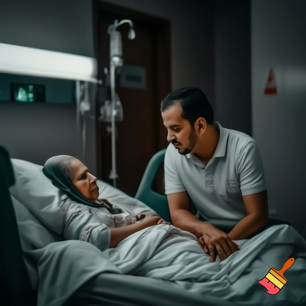 Kannst du ein Bild generieren wie Tarek zia seine Mutter in Krankenhaus besucht während khaleda zia auf dem Bett liegt  