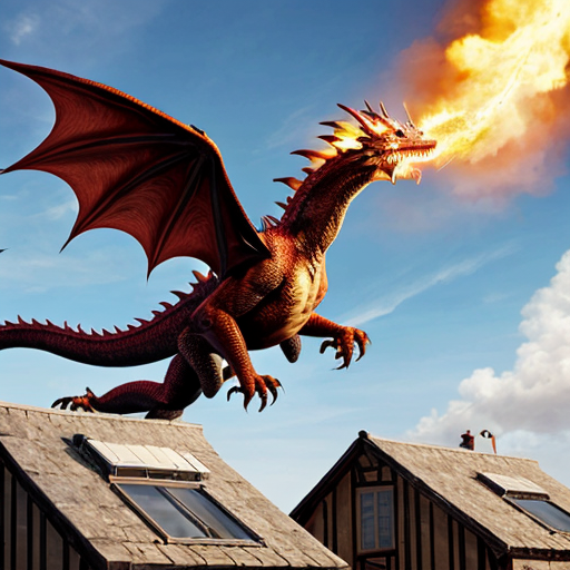 Draw me a mythological dragon flying through the sky above a village, breathing fire on the houses