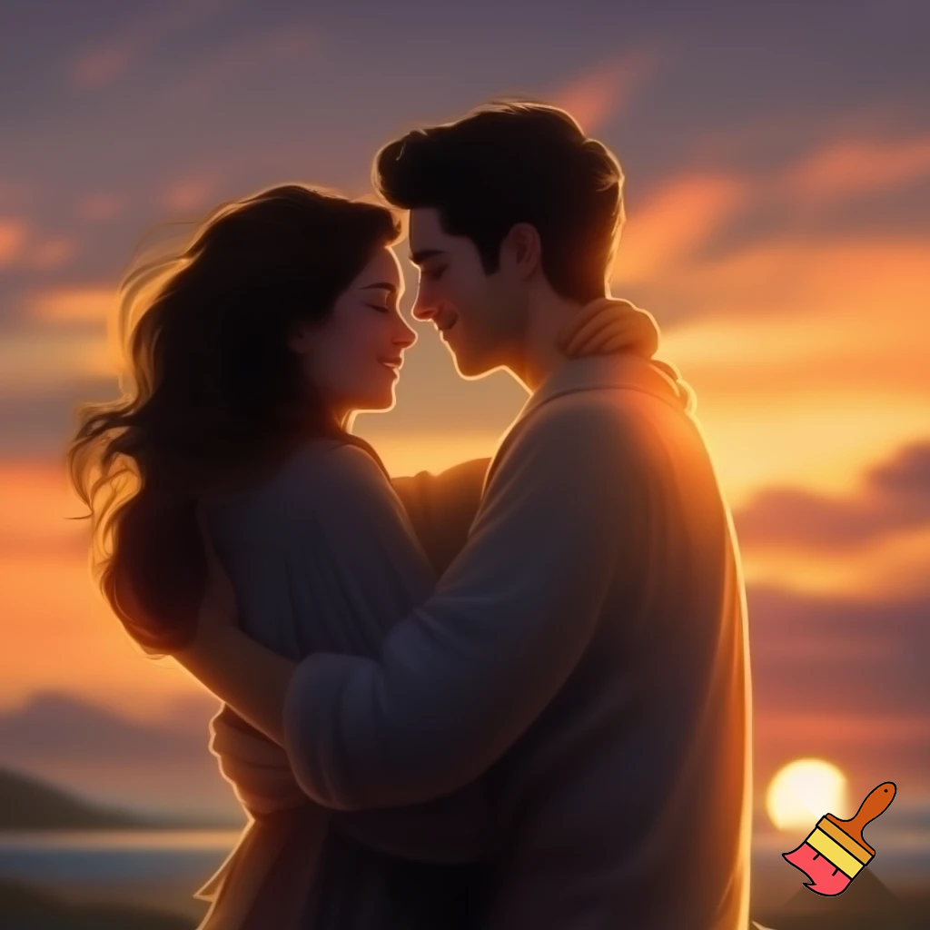 An image of a man with his wife on a sunset hugging themselves 
