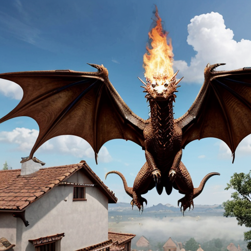 Draw me a mythological dragon flying through the sky above a village, breathing fire on the houses