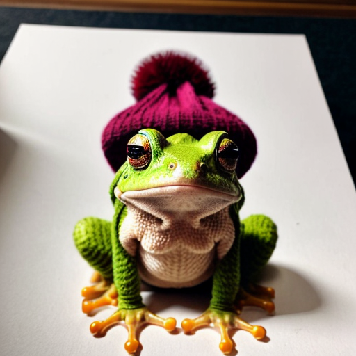 A laughable, puzzled animal toad in woolen, multicoloured winter clothings with woolen winter cap. Hyperrealistic art style.