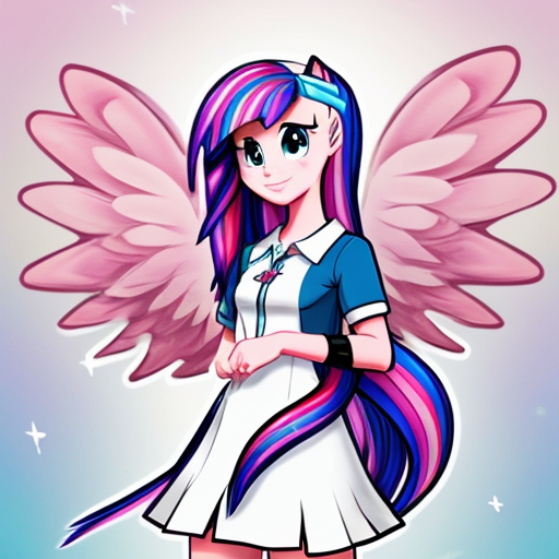 A cute Alicorn pony named Misty Rose in the style of My Little Pony: Friendship is Magic. White coat with very soft pale pink tones, long flowing mane and tail in purple and blue like Fluttershy's. Shiny glossy horn, large elegant wings like Twilight Sparkle's. Friendly, sweet expression. Cutie mark: two fuchsia stars with a microphone in the center, surrounded by small pink stars. Bright pastel 2D cartoon style, magical and cheerful atmosphere.
Transform into Equestria Girls style: human teenage girl with white skin color, pastel cute outfit matching mane colors, hair long and wavy like pony mane, cutie mark as pin on clothing, magical cute anime cartoon style. Full body 