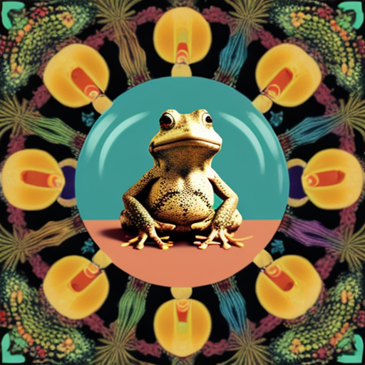 A hillarious, funny boho toad with some hippie colored coffee cups. Psychedelic decorated background.