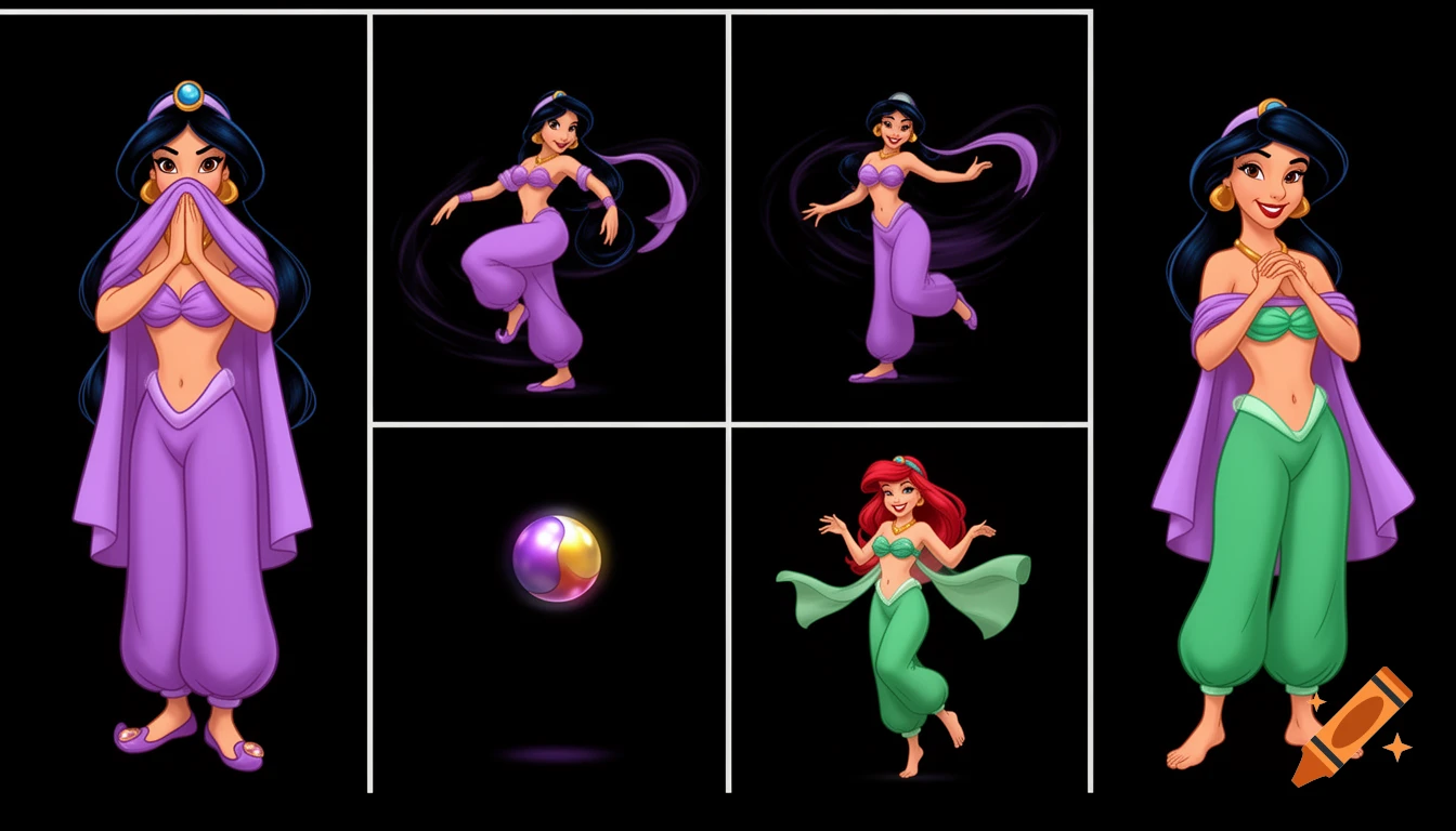 90's disney's 2d aladdin style comic black background and panels of 
panel 1 princess jasmine  with purple harem pants and bra and purple curved slippers with both hand palms place together and hiding the bottom of her mouth with a purple veil wrapped around her arms and attached to her head. 
panel 2 she danced with purple harem pants with purple bra and Purple curved slippers and with purple veil wrapped around her arms and attached to her head and raising legs and bounced up and down her belly and shook her hips left and right. 
panel 3 as princess jasmine with purple harem pants and purple bra and purple curved slippers and with a purple veil wrapped around her arms and shoulders and spreading her arms, happily revealing her face to the viewer and giving a smile as she turns around shook her butt left and right. 
Panel 4 Princess jasmine with purple harem pants and purple bra and purple curved slippers with purple veil started to fading away , except her belly, which transforms into a ball bouncing around. 
Panel 5 then the ball transforms into the fading in belly of ariel barefoot with green harem pants and green bra and veil wrapped around her arms and attached to her head with her swaying her hips and spreading her arms. 
Panel 6 ariel barefoot with green harem pants, green bra and veil wrapped around her arm with her hand palms place together between her chest and gives a smile and winking her left eye. 