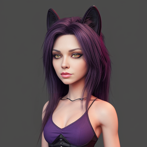 Anthropomorphic female black wolf with long pretty hair and purple eyes 