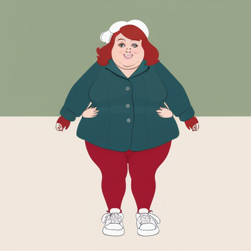 A fat lady that wears a green coat, has bulging ankles, dirty sneakers, loose fleshy cheeks, neck covered by fat, sparse red hair pinned back by a plastic barrette, tiny face features, small blue eyes, and looks intimidating.