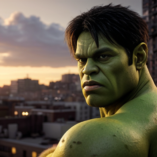 A giant green Hulk 🧟‍♂️ sitting on a rooftop at sunset with his girlfriend, soft golden sky, city lights glowing below, Hulk looking gentle and deeply in love, holding her hand carefully with his massive green fingers, emotional romantic atmosphere, cinematic lighting, ultra realistic, detailed expressions, 4k, dramatic sky