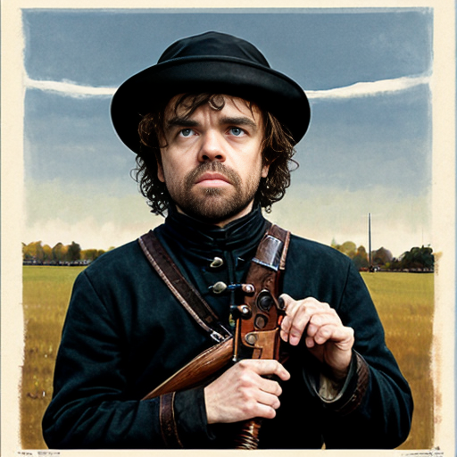 peter dinklage as a disgrunted pilgrim with a blunderbuss and hat with buckle norman rockwell  art style 