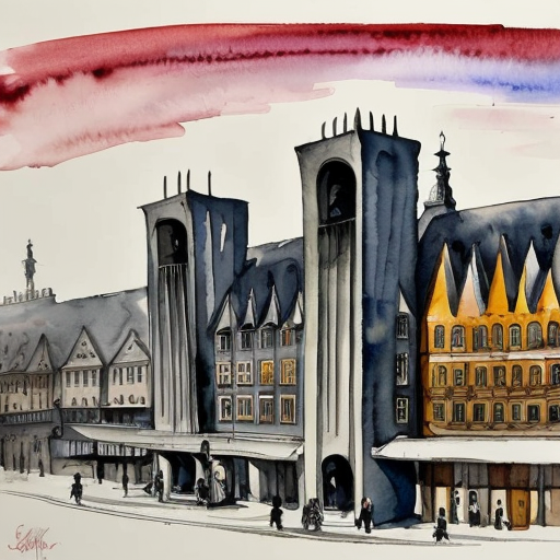 City inspired in the german expressionism architecture, exagerated forms, surreal buildings and deformed lines. Dark tone