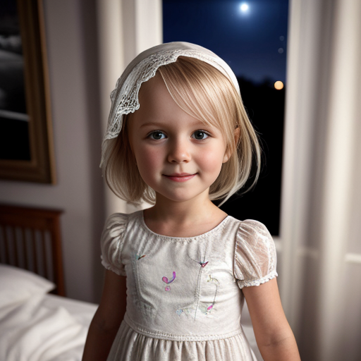 swedish blonde little girl  at night dress, very beautiful, on the bedroom, close up