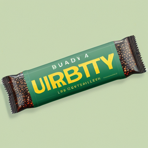 generate an image of a protein bar which is yellow and green with the words little bits on it