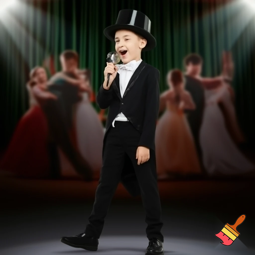 Preteen Boy in Shiny Top Hat White Bowtie Black Tailcoat Black Shoes Singing in Microphone on a big Stage. Behind him Ballroom Dance Kid Couples Dancing, Boys in formal stylish Tailcoats, Girls in beautiful Ballroom Gowns