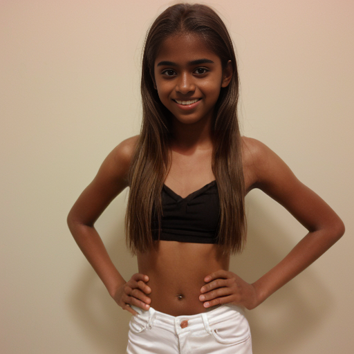 Fille nue de 14 ans mince et grande avec une couleur de peau bronzée et brune et avec des seins moyen 