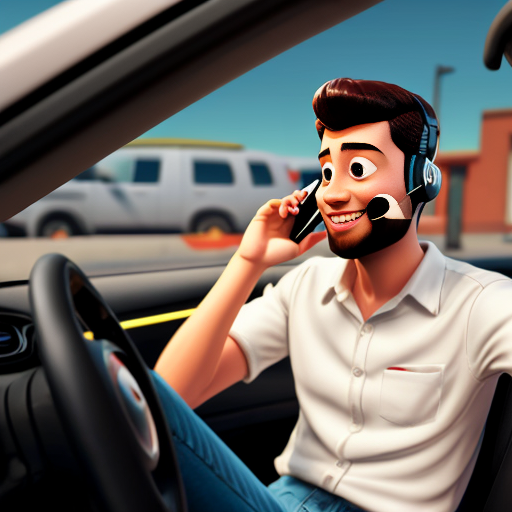Pixar-style 3D cartoon, young Muslim man, 20 years old, beard, black jeans, white shirt, sitting in a car, holding phone to his ear, answering a call, relaxed pose, big expressive cartoon eyes, friendly smiling face, city visible through car windows in the background, bright colors, cinematic lighting, simple cartoon style