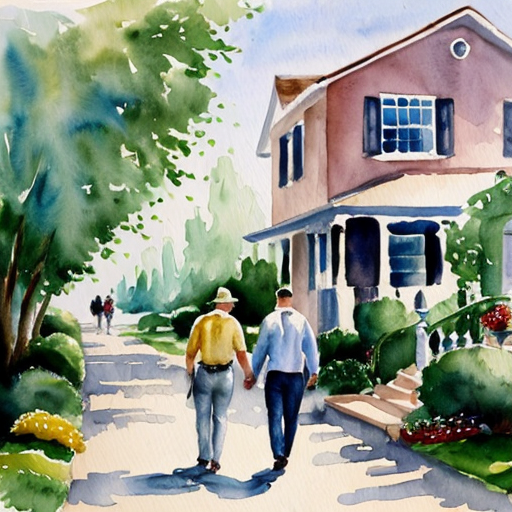 2 men walking near a house