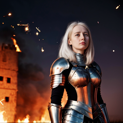 young, tall, white-haired woman in armor stands in front of a burning castle into which meteorites are falling.