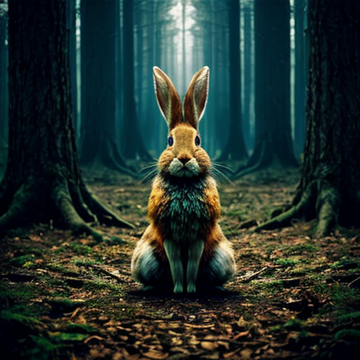 European rabbit, holding knife, dark forest, evil,
