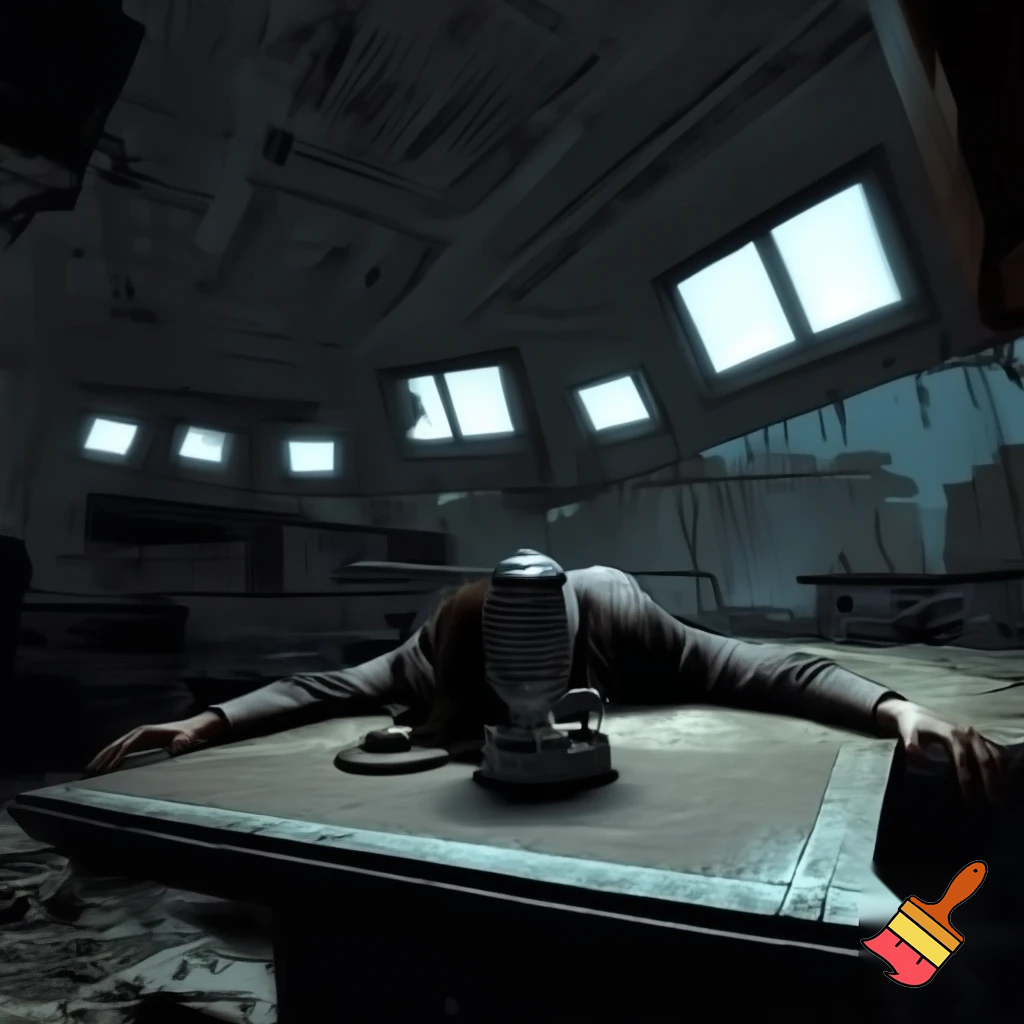 Disegna un uomo steso sul tavolo di una postazione radio moderna in un ambientazione post apocalittica. L'uomo ha un microfono conficcato in testa