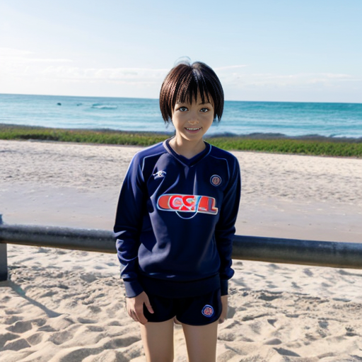 detective conan conan avec un mayo et un short du PSG a la plage